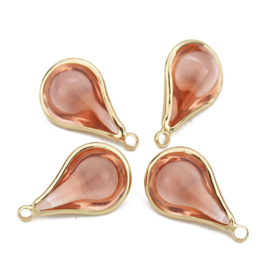 Image de Breloques en Laiton+Verre Goutte d'Eau Doré Rose Pêche 18mm x 10mm - 17mm x 10mm, 5 Pcs