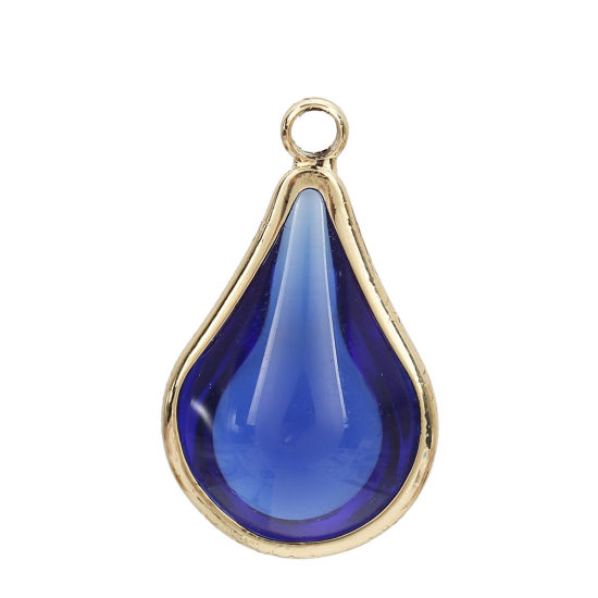 Image de Breloques en Laiton+Verre Goutte d'Eau Doré Saphir 18mm x 10mm - 17mm x 10mm, 5 Pcs