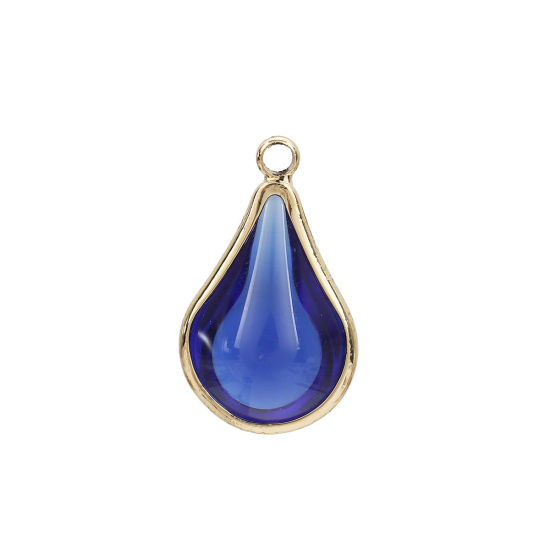 Image de Breloques en Laiton+Verre Goutte d'Eau Doré Saphir 18mm x 10mm - 17mm x 10mm, 5 Pcs