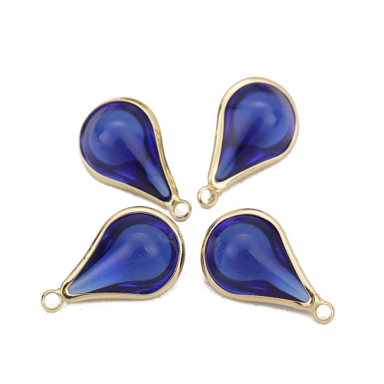 Image de Breloques en Laiton+Verre Goutte d'Eau Doré Saphir 18mm x 10mm - 17mm x 10mm, 5 Pcs