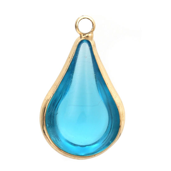 Image de Breloques en Laiton+Verre Goutte d'Eau Doré Bleu 18mm x 10mm - 17mm x 10mm, 5 Pcs