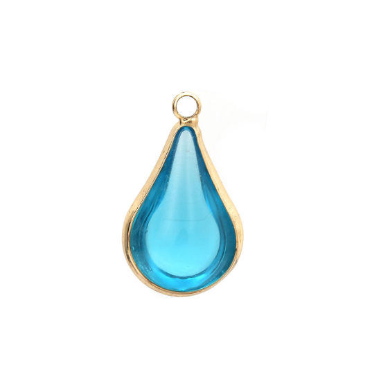 Image de Breloques en Laiton+Verre Goutte d'Eau Doré Bleu 18mm x 10mm - 17mm x 10mm, 5 Pcs