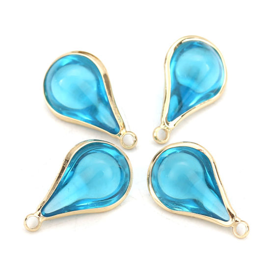 Image de Breloques en Laiton+Verre Goutte d'Eau Doré Bleu 18mm x 10mm - 17mm x 10mm, 5 Pcs