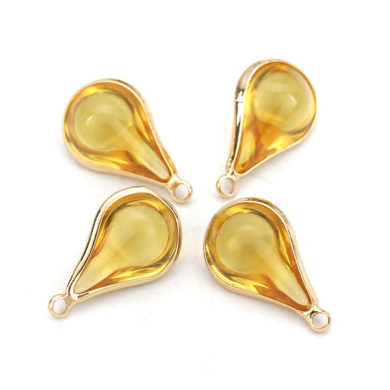 Image de Breloques en Laiton+Verre Goutte d'Eau Doré Jaune 18mm x 10mm - 17mm x 10mm, 5 Pcs