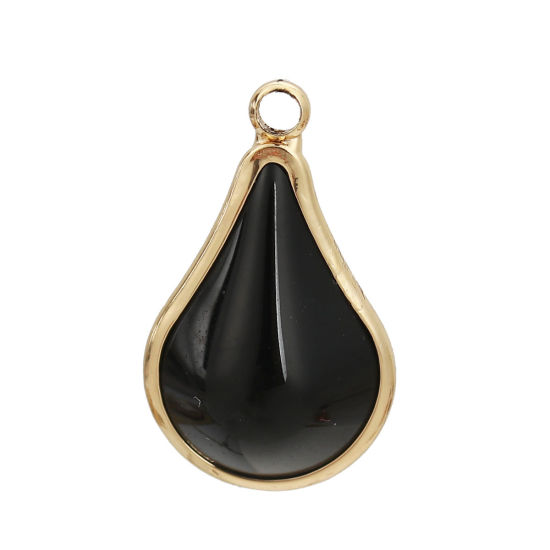 Image de Breloques en Laiton+Verre Goutte d'Eau Doré Noir 18mm x 10mm - 17mm x 10mm, 5 Pcs