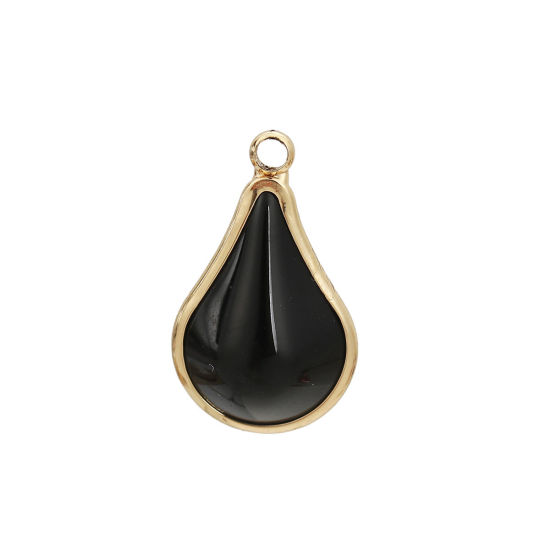 Image de Breloques en Laiton+Verre Goutte d'Eau Doré Noir 18mm x 10mm - 17mm x 10mm, 5 Pcs