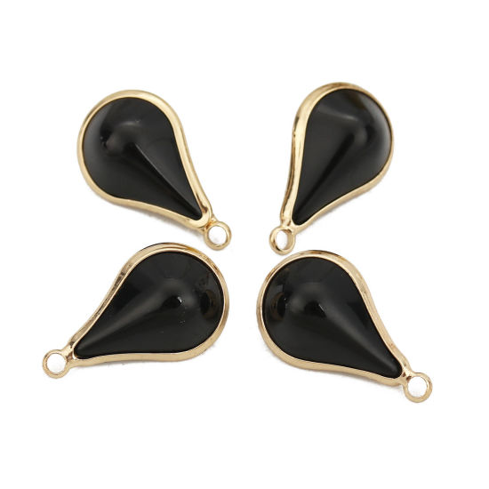 Image de Breloques en Laiton+Verre Goutte d'Eau Doré Noir 18mm x 10mm - 17mm x 10mm, 5 Pcs