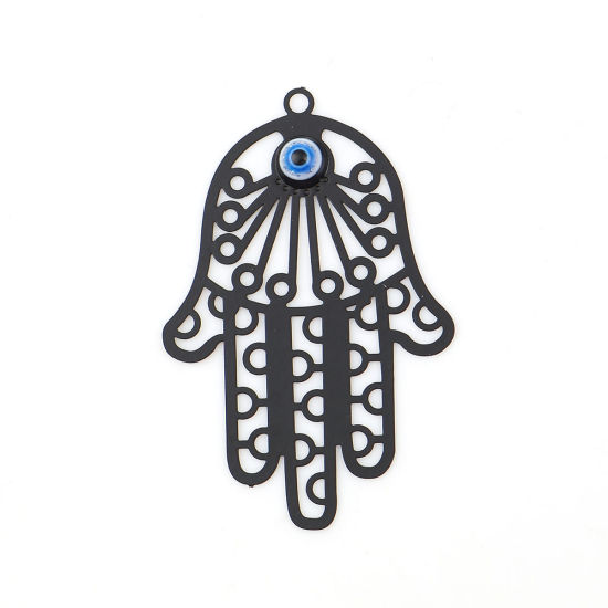 Image de Pendentifs en Acrylique & Laiton Khamsa Symbole Paume Noir Œil Mauvais 51mm x 34mm, 5 Pcs