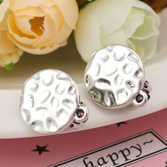 Image de Boucles d'oreilles à Clip en Alliage de Zinc Rond Argent Vieilli, avec Boucle 19mm x 16mm, 4 Pcs