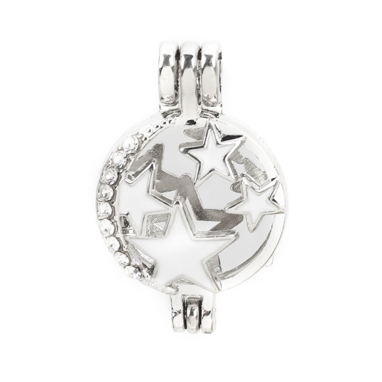 Picture of Zinc Based Alloy Wish Pearl Locket Jewelry Charms Round Star Silver Tone White Enamel Clear Rhinestone Can Open (Fit Bead Size: 6mm) 28mm(1 1/8") x 18mm( 6/8"), 2 PCs