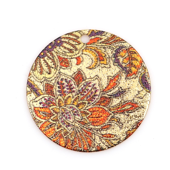 Image de Breloques Peinture en Émail en Alliage de Zinc Rond Doré Orange Fleurs Amas Stellaire  20mm Dia, 10 Pcs