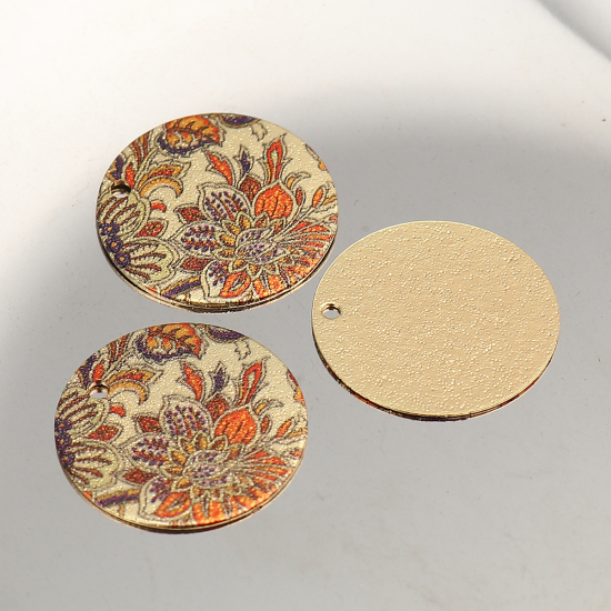 Image de Breloques Peinture en Émail en Alliage de Zinc Rond Doré Orange Fleurs Amas Stellaire  20mm Dia, 10 Pcs