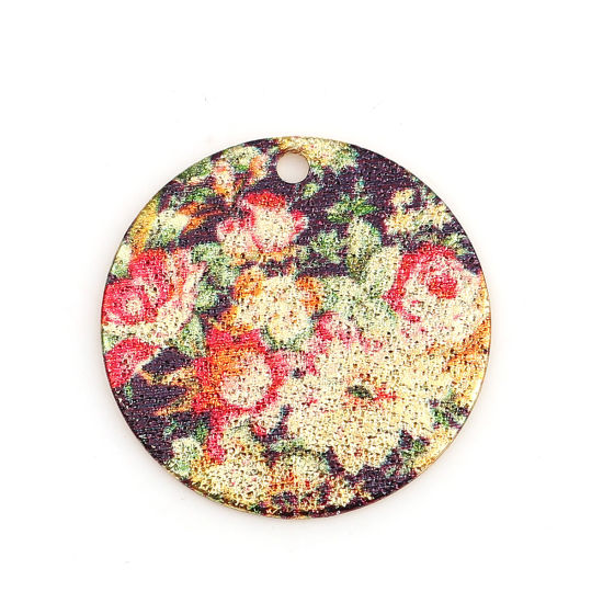 Image de Breloques Peinture en Émail en Alliage de Zinc Rond Doré Multicolore Fleurs Amas Stellaire  20mm Dia, 10 Pcs