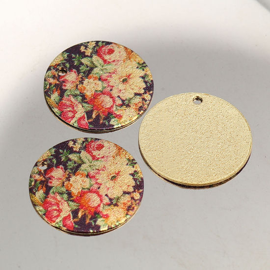 Image de Breloques Peinture en Émail en Alliage de Zinc Rond Doré Multicolore Fleurs Amas Stellaire  20mm Dia, 10 Pcs