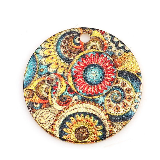 Image de Breloques Peinture en Émail en Alliage de Zinc Rond Doré Multicolore Fleurs Amas Stellaire  20mm Dia, 10 Pcs