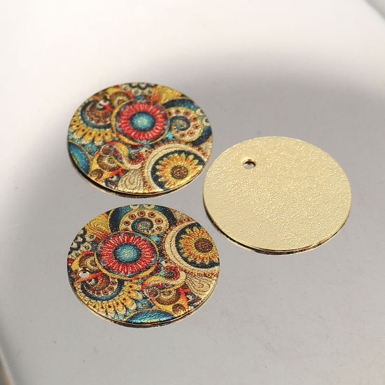 Image de Breloques Peinture en Émail en Alliage de Zinc Rond Doré Multicolore Fleurs Amas Stellaire  20mm Dia, 10 Pcs