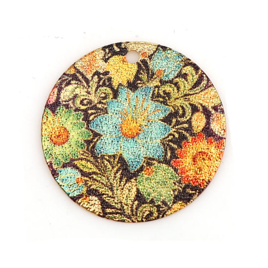 Image de Breloques Peinture en Émail en Alliage de Zinc Rond Doré Multicolore Feuilles de Fleur Amas Stellaire  20mm Dia, 10 Pcs