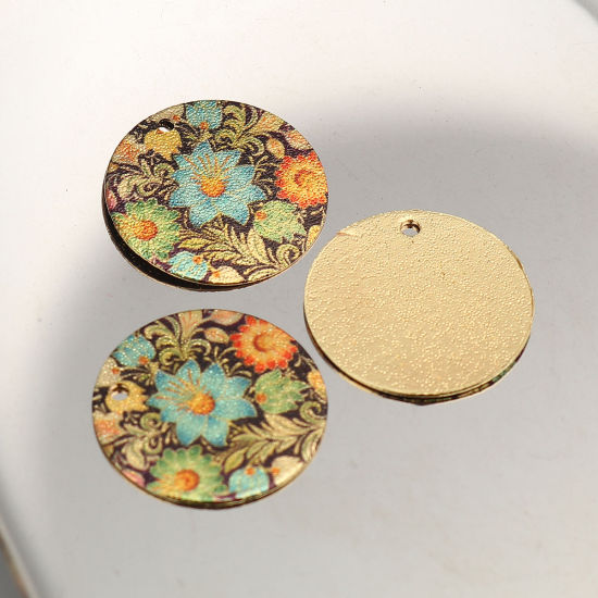Image de Breloques Peinture en Émail en Alliage de Zinc Rond Doré Multicolore Feuilles de Fleur Amas Stellaire  20mm Dia, 10 Pcs