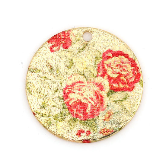 Image de Breloques Peinture en Émail en Alliage de Zinc Rond Doré Rouge & Vert Feuilles de Fleur Amas Stellaire  20mm Dia, 10 Pcs