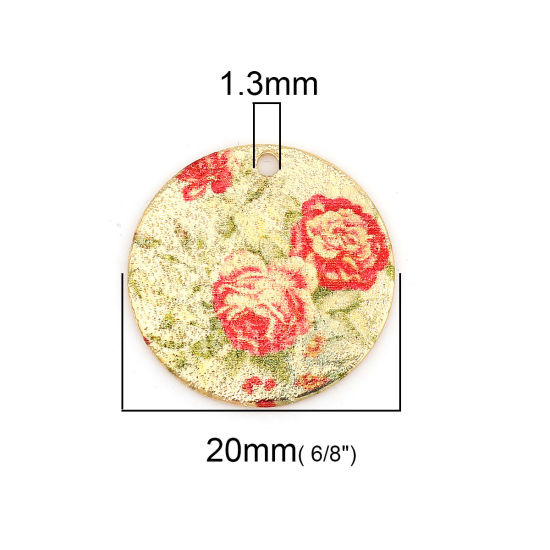 Image de Breloques Peinture en Émail en Alliage de Zinc Rond Doré Rouge & Vert Feuilles de Fleur Amas Stellaire  20mm Dia, 10 Pcs