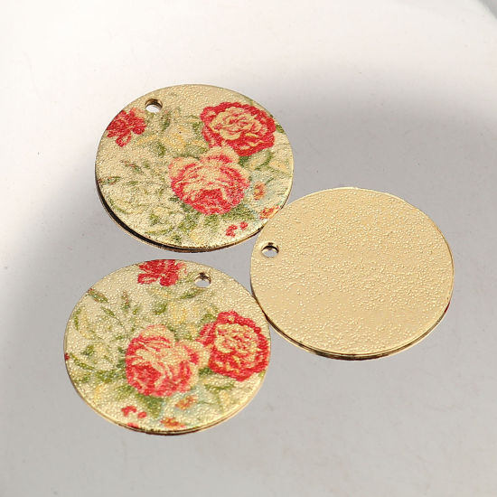 Image de Breloques Peinture en Émail en Alliage de Zinc Rond Doré Rouge & Vert Feuilles de Fleur Amas Stellaire  20mm Dia, 10 Pcs