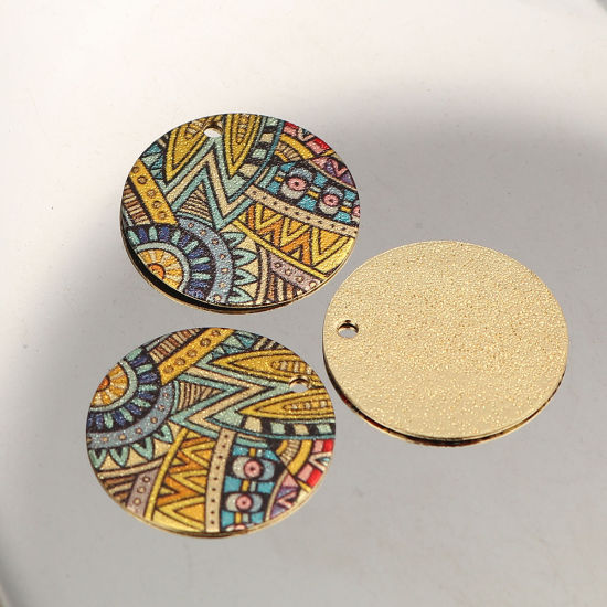Image de Breloques Peinture en Émail en Alliage de Zinc Rond Doré Multicolore Fleurs Amas Stellaire  20mm Dia, 10 Pcs