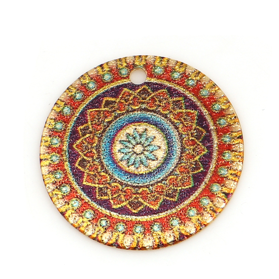 Image de Breloques Peinture en Émail en Alliage de Zinc Rond Doré Multicolore Fleurs Amas Stellaire  20mm Dia, 10 Pcs