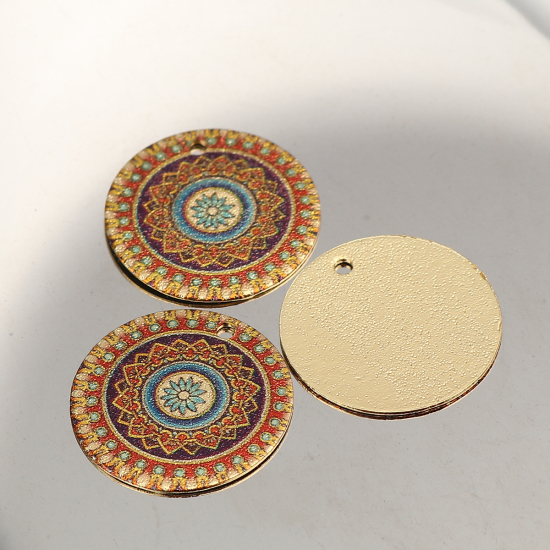Image de Breloques Peinture en Émail en Alliage de Zinc Rond Doré Multicolore Fleurs Amas Stellaire  20mm Dia, 10 Pcs