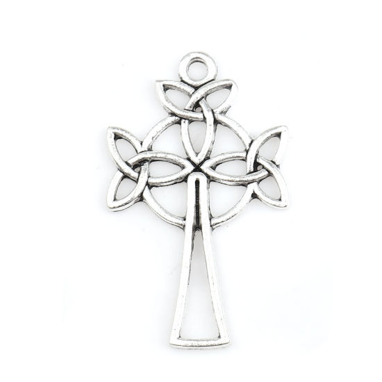 Image de Pendentifs Nœud celtique en Alliage de Zinc Croix Feuilles de Fleur Argent Vieilli 39mm x 24mm, 20 Pcs