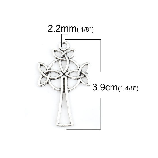 Image de Pendentifs Nœud celtique en Alliage de Zinc Croix Feuilles de Fleur Argent Vieilli 39mm x 24mm, 20 Pcs