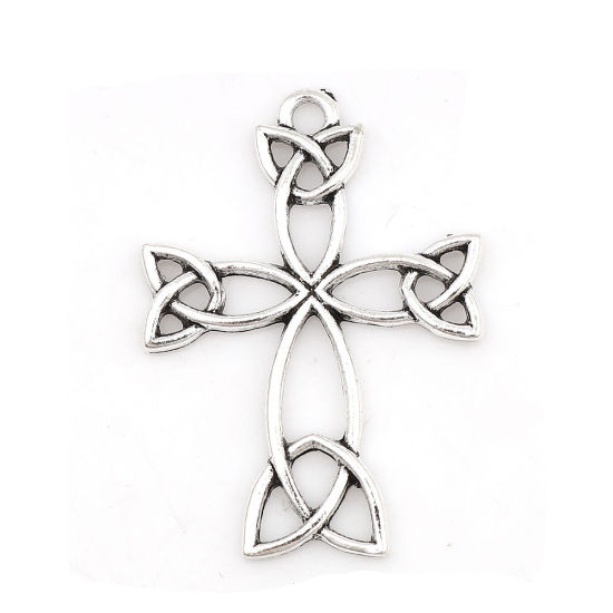 Image de Pendentifs Nœud celtique en Alliage de Zinc Croix Feuilles de Fleur Argent Vieilli 38mm x 28mm, 20 Pcs