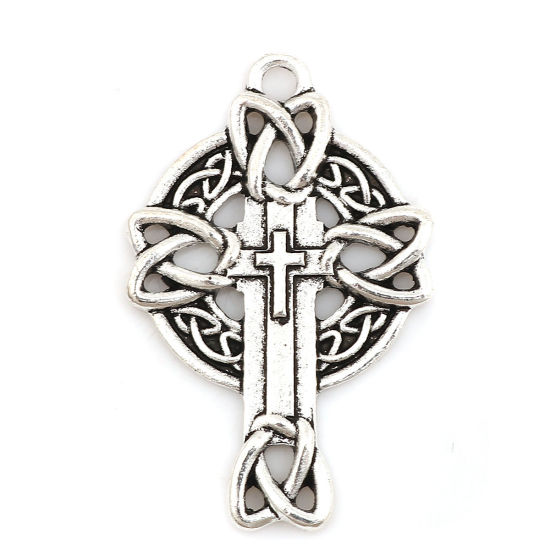 Image de Pendentifs Nœud celtique en Alliage de Zinc Croix Argent Vieilli 37mm x 24mm, 10 Pcs