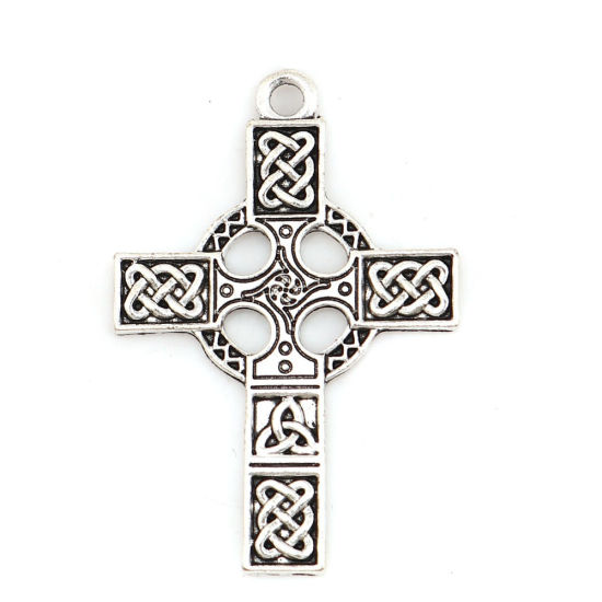 Image de Pendentifs Supports à Cabochons en Nœud celtique Alliage de Zinc Croix Argent Vieilli Motif Sculpté (Convenable à 6mm Dia) 40mm x 27mm, 20 Pcs