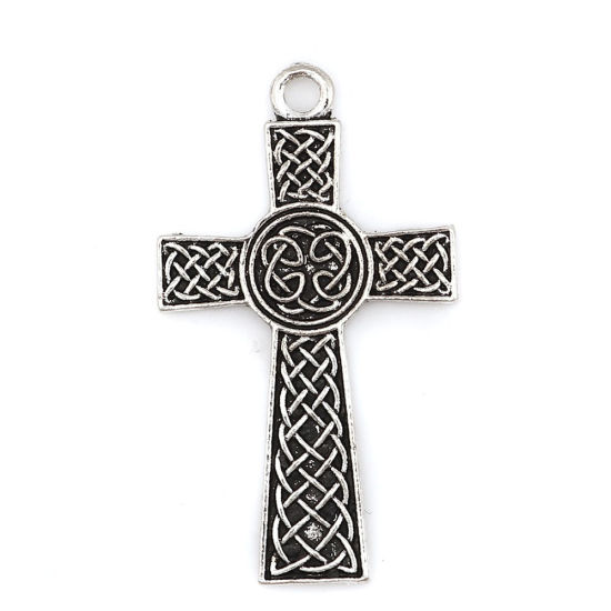 Image de Pendentifs Supports à Cabochons en Nœud celtique Alliage de Zinc Croix Argent Vieilli Motif Sculpté (Convenable à 6mm Dia) 40mm x 27mm, 20 Pcs