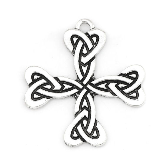 Image de Pendentifs Supports à Cabochons en Nœud celtique Alliage de Zinc Croix Argent Vieilli Motif Sculpté (Convenable à 6mm Dia) 40mm x 27mm, 20 Pcs