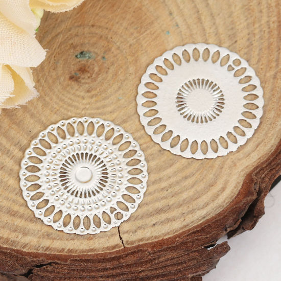 Immagine di Ottone Filigree Stamping Connettore Tondo Tono Argento 20mm Dia., 10 Pz