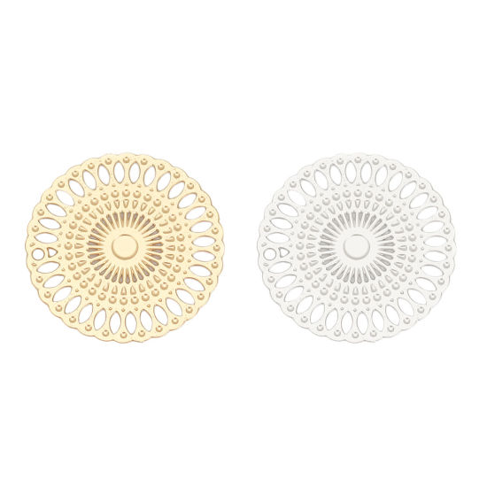 Immagine di Ottone Filigree Stamping Connettore Tondo Tono Argento 20mm Dia., 10 Pz
