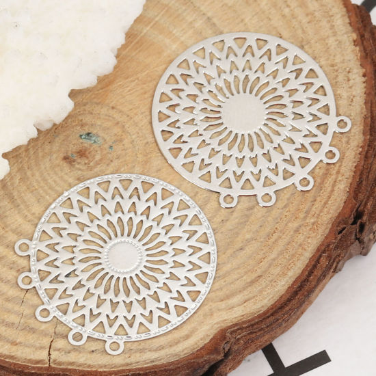 Image de Connecteurs Estampe en Filigrane en Alliage de Fer Rond Argent Mat 26mm x 24mm, 10 Pcs