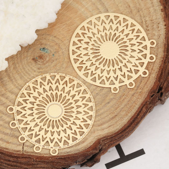 Image de Connecteurs Estampe en Filigrane en Alliage de Fer Rond Doré 26mm x 24mm, 10 Pcs