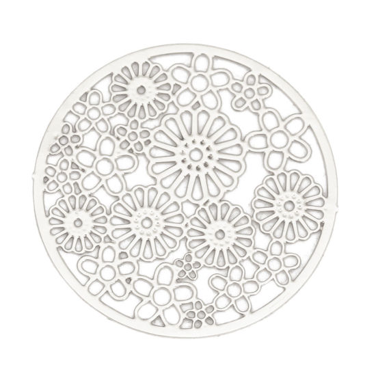 Image de Connecteurs Estampe en Filigrane en Alliage de Fer Rond Argent Mat Fleurs 23mm Dia, 10 Pcs