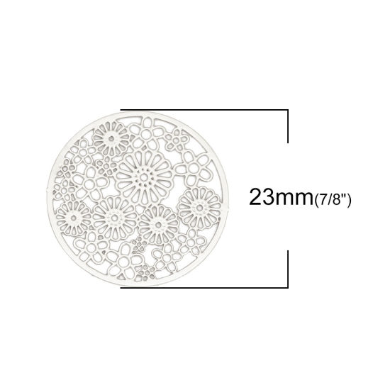 Image de Connecteurs Estampe en Filigrane en Alliage de Fer Rond Argent Mat Fleurs 23mm Dia, 10 Pcs