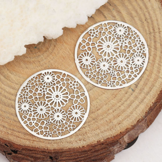 Image de Connecteurs Estampe en Filigrane en Alliage de Fer Rond Argent Mat Fleurs 23mm Dia, 10 Pcs