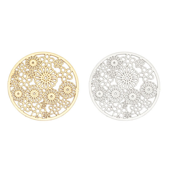 Image de Connecteurs Estampe en Filigrane en Alliage de Fer Rond Argent Mat Fleurs 23mm Dia, 10 Pcs