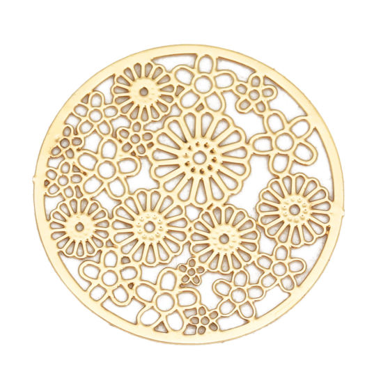 Image de Connecteurs Estampe en Filigrane en Alliage de Fer Rond Doré Fleurs 23mm Dia, 10 Pcs