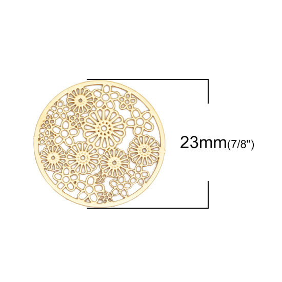 Image de Connecteurs Estampe en Filigrane en Alliage de Fer Rond Doré Fleurs 23mm Dia, 10 Pcs