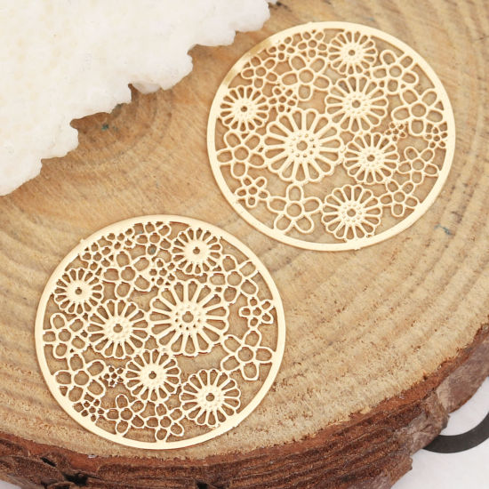 Image de Connecteurs Estampe en Filigrane en Alliage de Fer Rond Doré Fleurs 23mm Dia, 10 Pcs