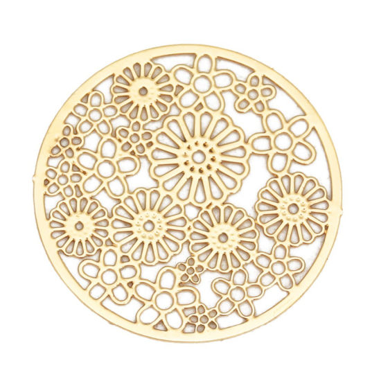 Image de Connecteurs Estampe en Filigrane en Alliage de Fer Rond Doré Fleurs 23mm Dia, 10 Pcs