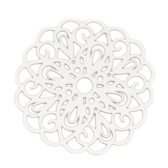 Image de Connecteurs Estampe en Filigrane en Laiton Fleur Argent Mat 26mm x 25mm, 10 Pcs