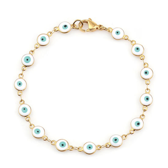 Image de 1 Pièce Bracelets en 304 Acier Inoxydable Placage sous Vide Doré Blanc Mauvais Œil Émail 19.2cm long