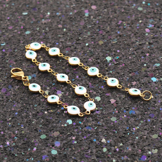 Image de 1 Pièce Bracelets en 304 Acier Inoxydable Placage sous Vide Doré Blanc Mauvais Œil Émail 19.2cm long